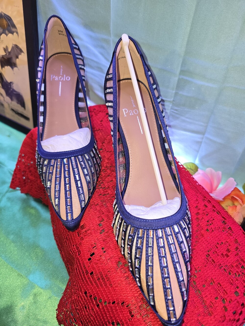 Paolo Navy and Tan Striped Pointed-Toe Heels
